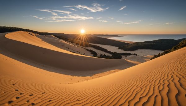Dune du pilat : plus haute dune d'europe, panorama et coucher de soleil avec le domaine des oréades